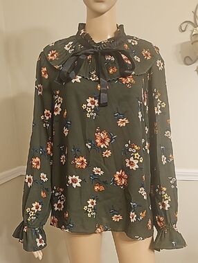 Olive Floral Bow-Tie Long Sleeve Blouse